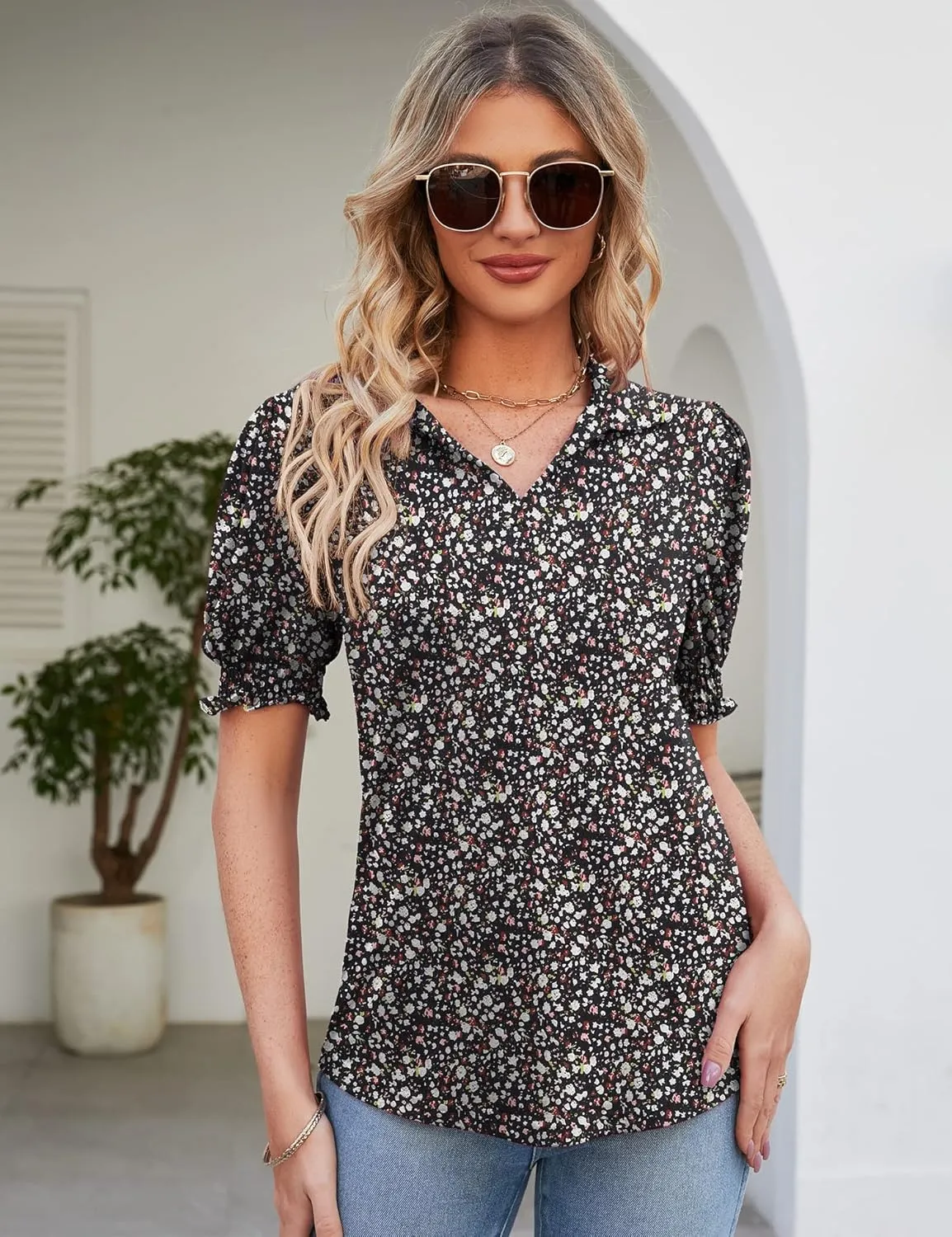 Micoson Womens Short Sleeve Polo T Shirts V Neck Casual Collared Tops Puff Sleeve Work Tunic Blouses
