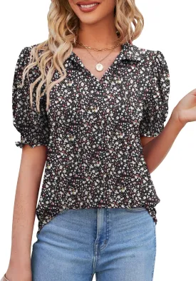 Micoson Womens Short Sleeve Polo T Shirts V Neck Casual Collared Tops Puff Sleeve Work Tunic Blouses