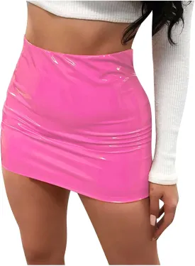 NaRHbrg Micro Mini Skirt for Women Girls Sexy Bright Leather Skirts Bodycon Slim A-line Skirt Evening Party Clubwear