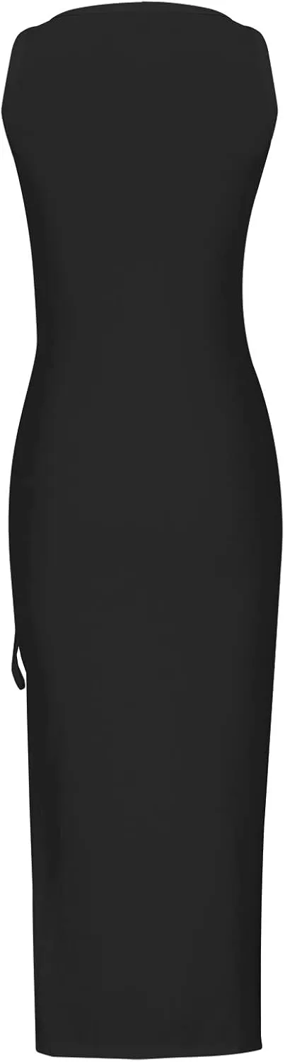 NaRHbrg Women's Sleeveless Bodycon Maxi Dress Ruched Side Slit Long Tank Dress Casual Stretchy Fitted Dress for Summer Party
