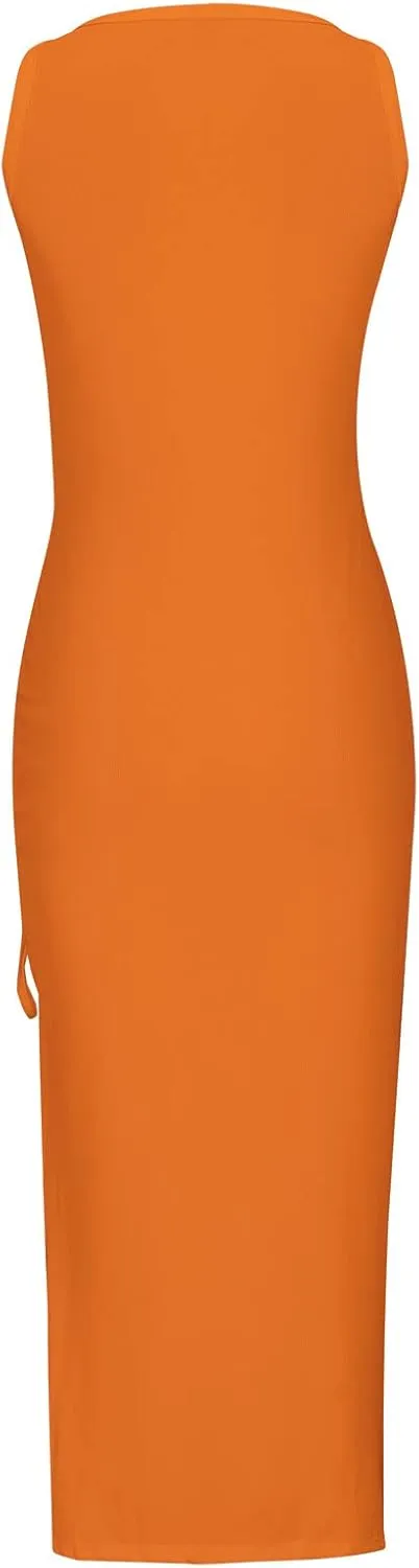 NaRHbrg Women's Sleeveless Bodycon Maxi Dress Ruched Side Slit Long Tank Dress Casual Stretchy Fitted Dress for Summer Party