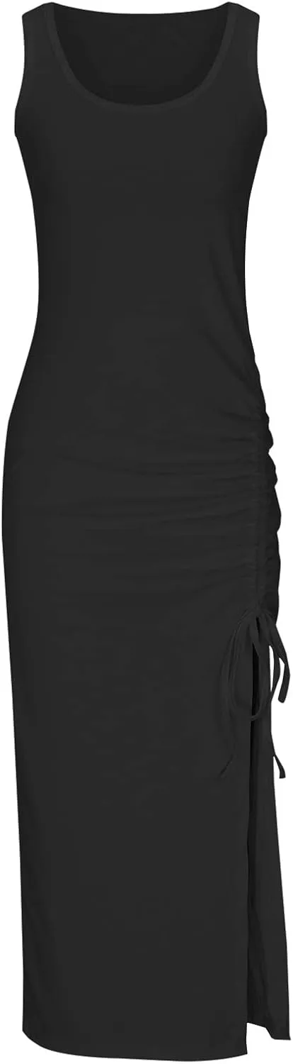 NaRHbrg Women's Sleeveless Bodycon Maxi Dress Ruched Side Slit Long Tank Dress Casual Stretchy Fitted Dress for Summer Party