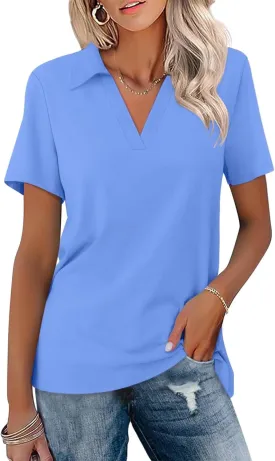 ORANDESIGNE Women's Short Sleeve V Neck Polo Shirts Summer Collared Tops Casual Loose Tees Tops