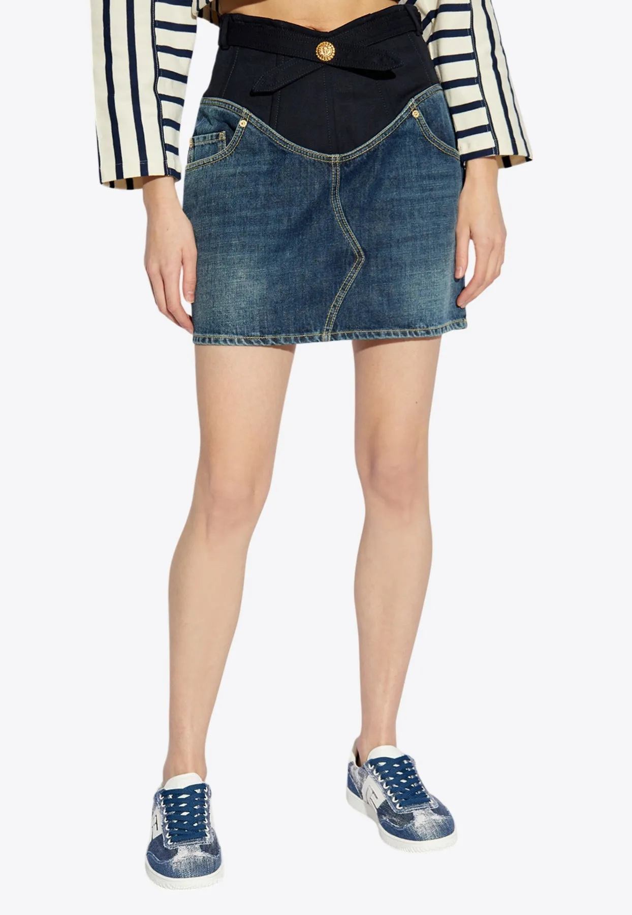 Paneled Mini Denim Skirt