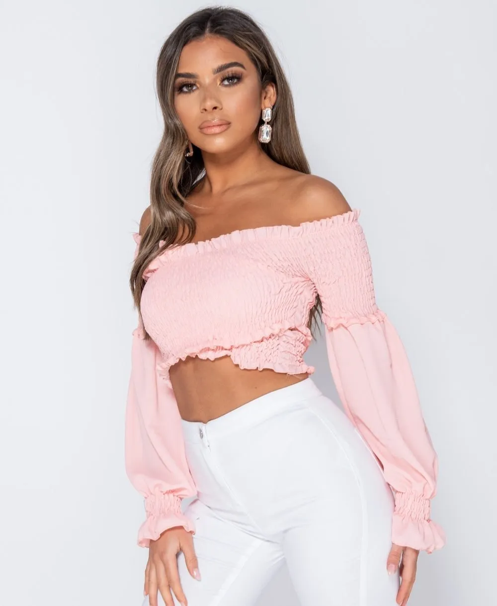 Pink Shirring Detail Long Sleeve Bardot  Crop Top