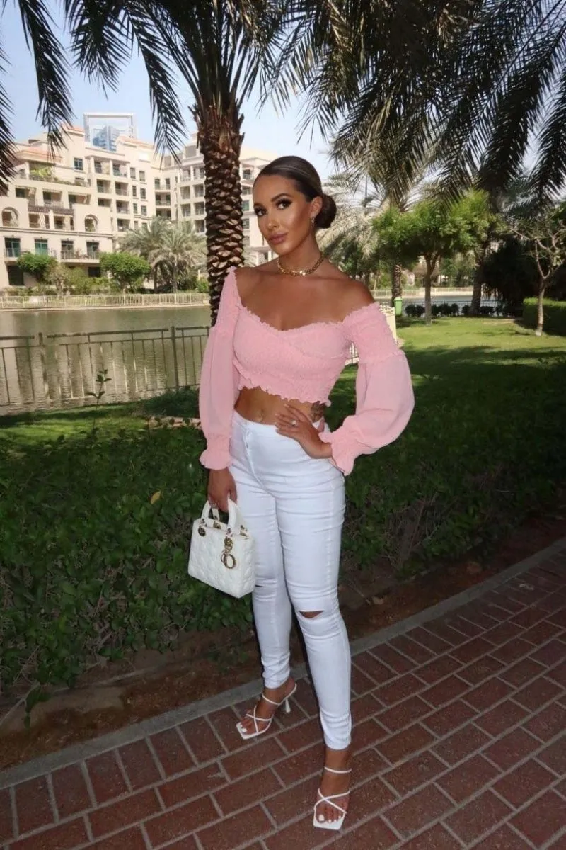Pink Shirring Detail Long Sleeve Bardot  Crop Top