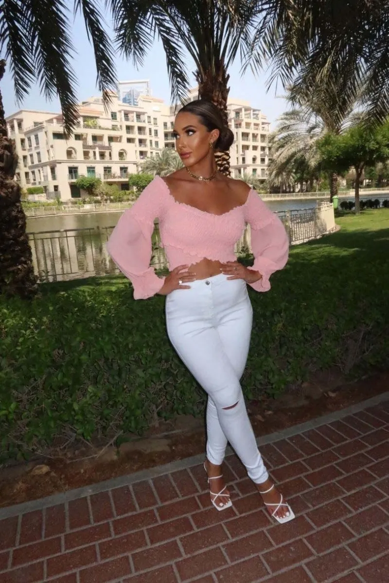 Pink Shirring Detail Long Sleeve Bardot  Crop Top