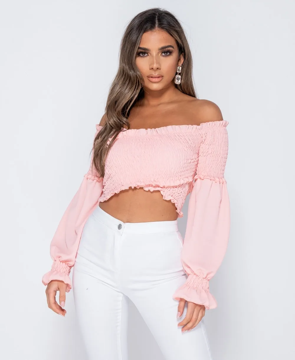 Pink Shirring Detail Long Sleeve Bardot  Crop Top