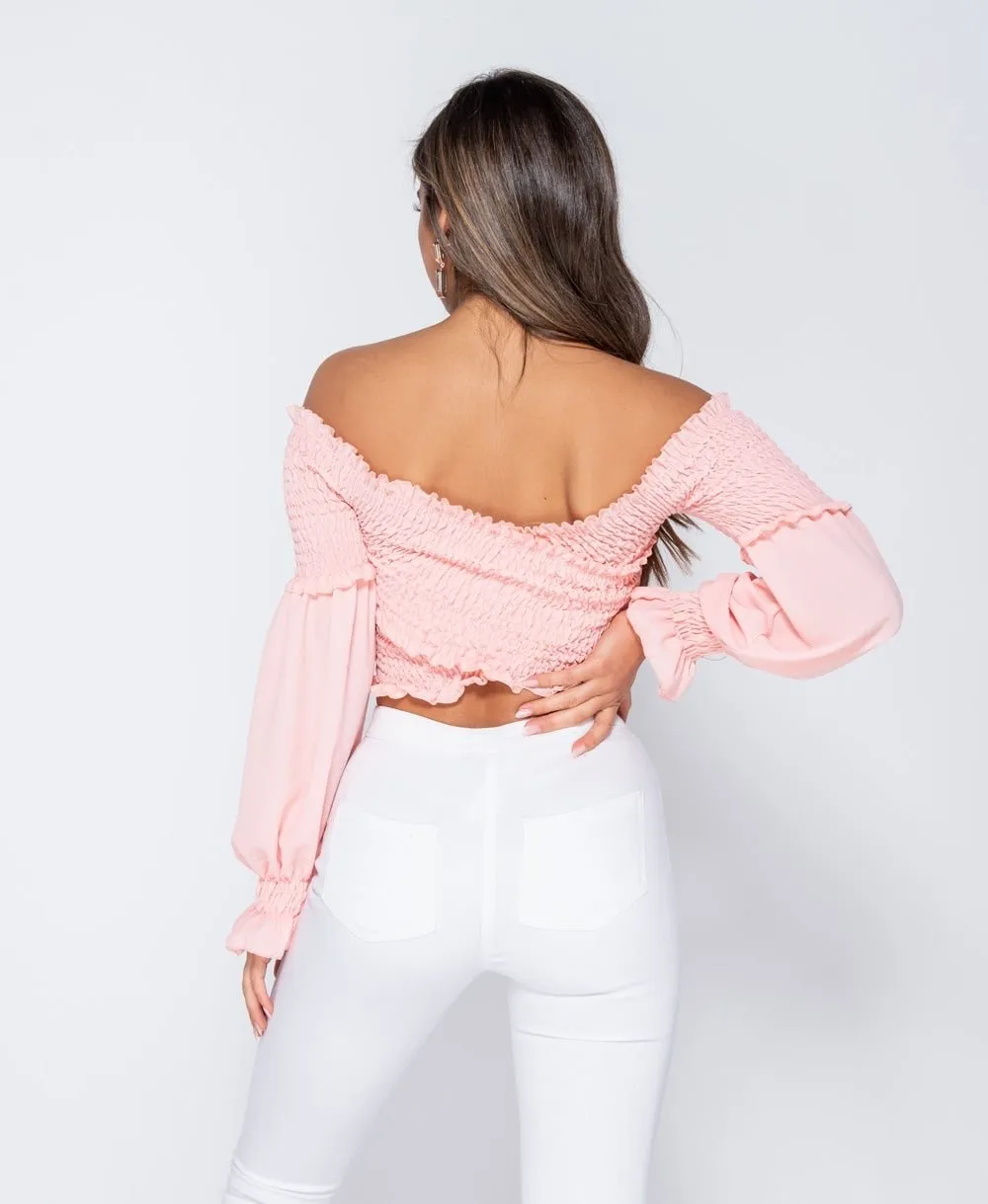Pink Shirring Detail Long Sleeve Bardot  Crop Top