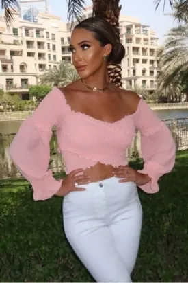 Pink Shirring Detail Long Sleeve Bardot  Crop Top