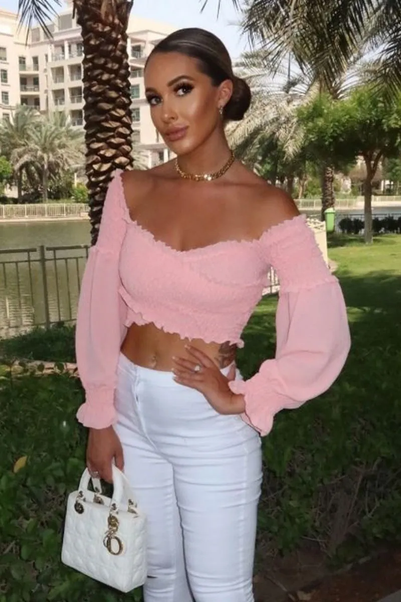 Pink Shirring Detail Long Sleeve Bardot  Crop Top