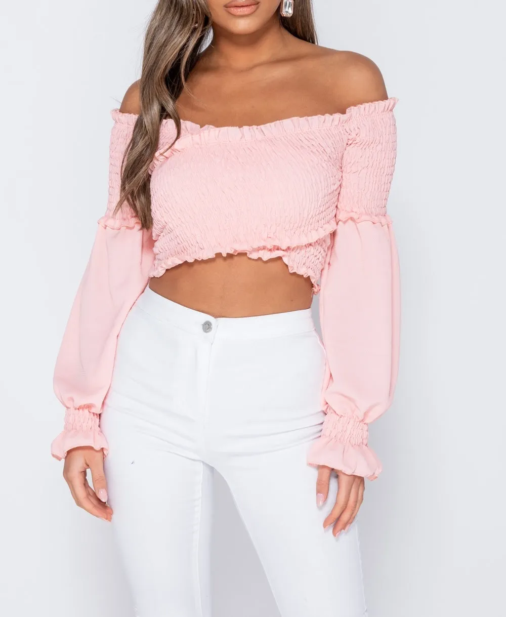 Pink Shirring Detail Long Sleeve Bardot  Crop Top