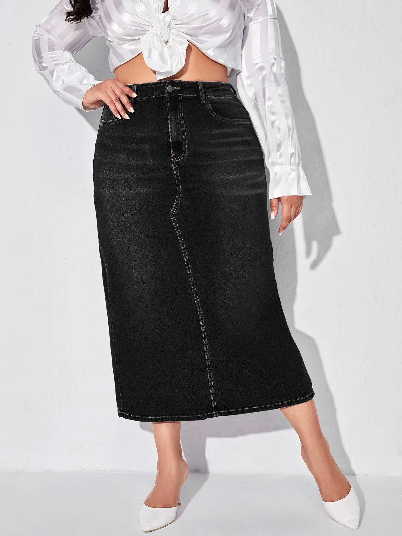 Plain Zipper High Waist Long Plus Size Denim Skirt