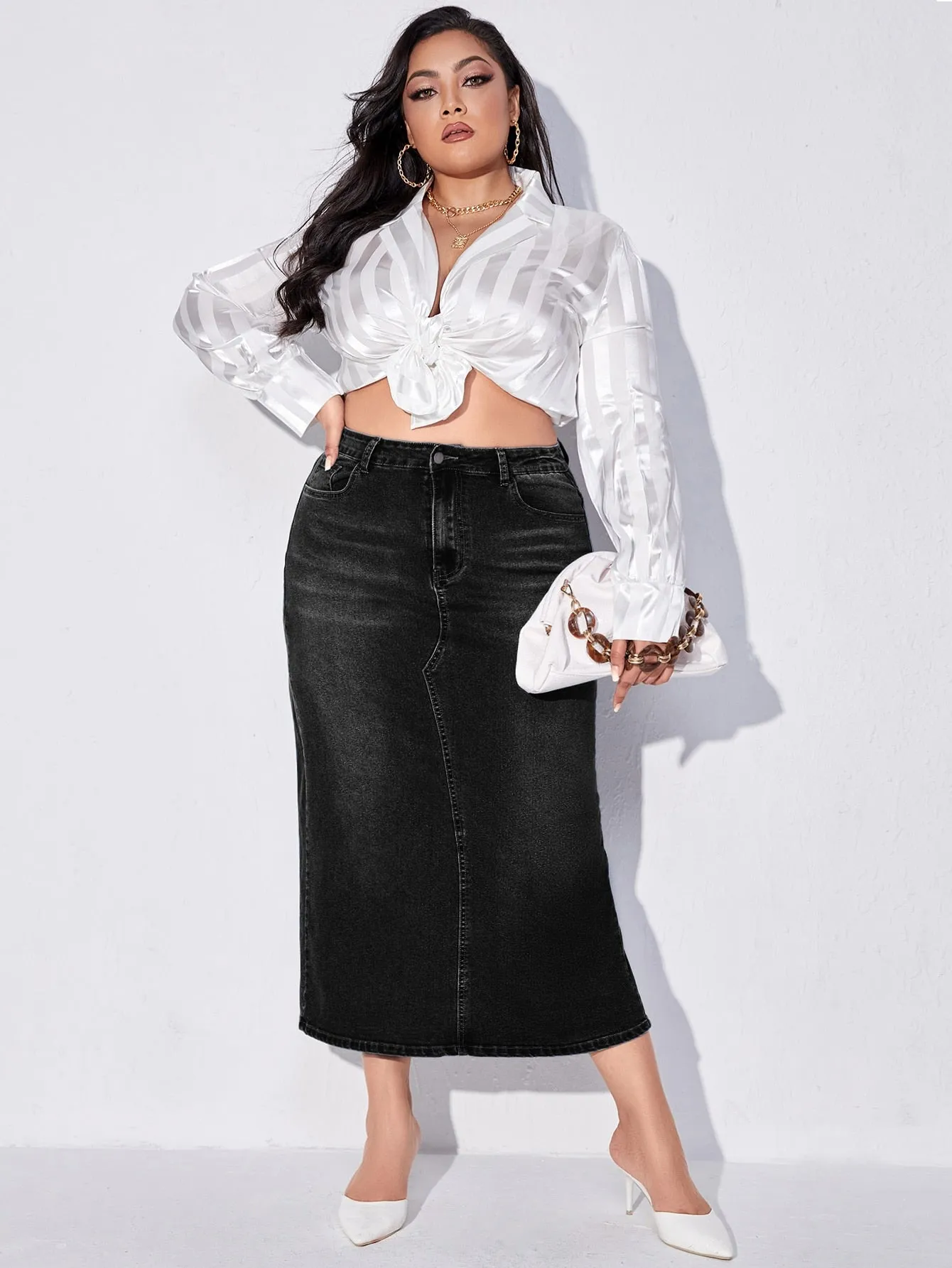 Plain Zipper High Waist Long Plus Size Denim Skirt