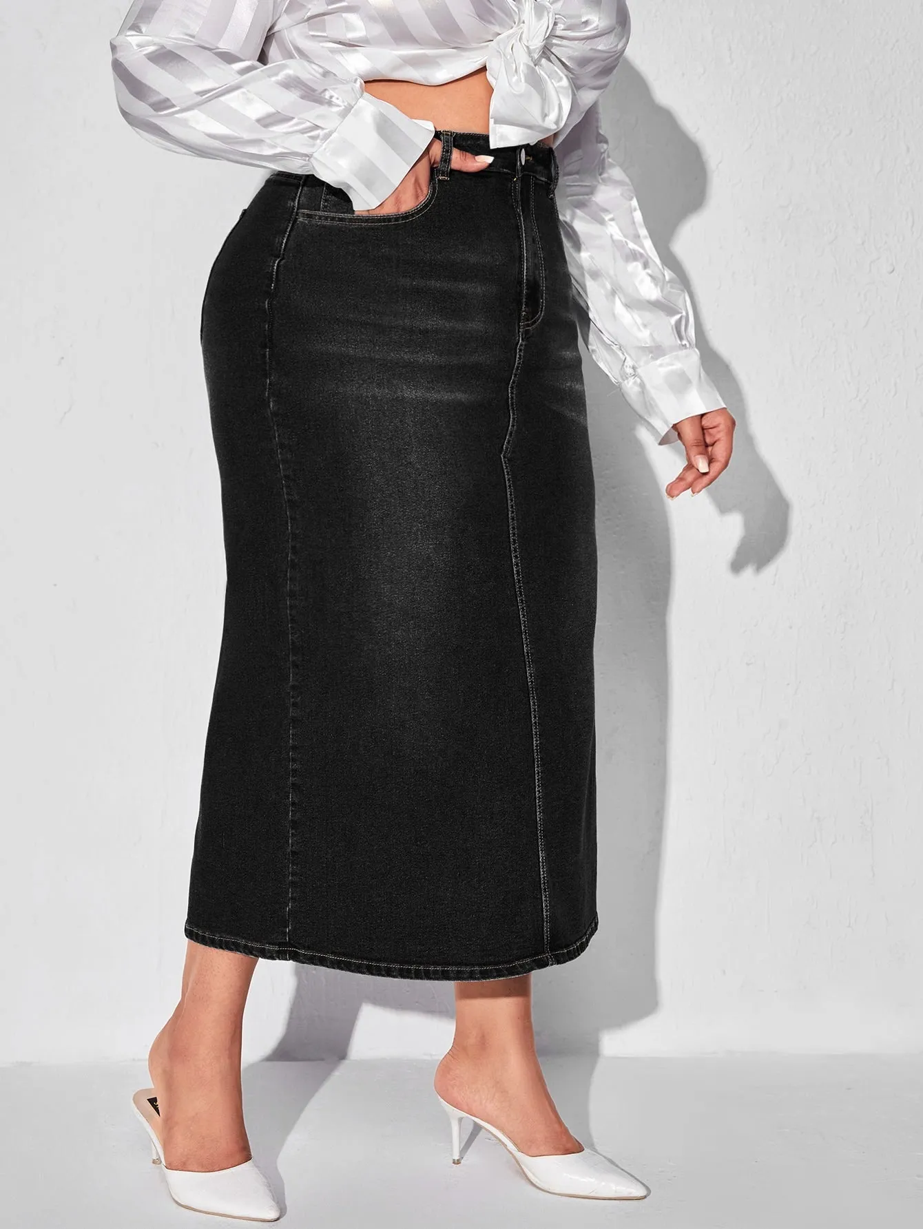 Plain Zipper High Waist Long Plus Size Denim Skirt