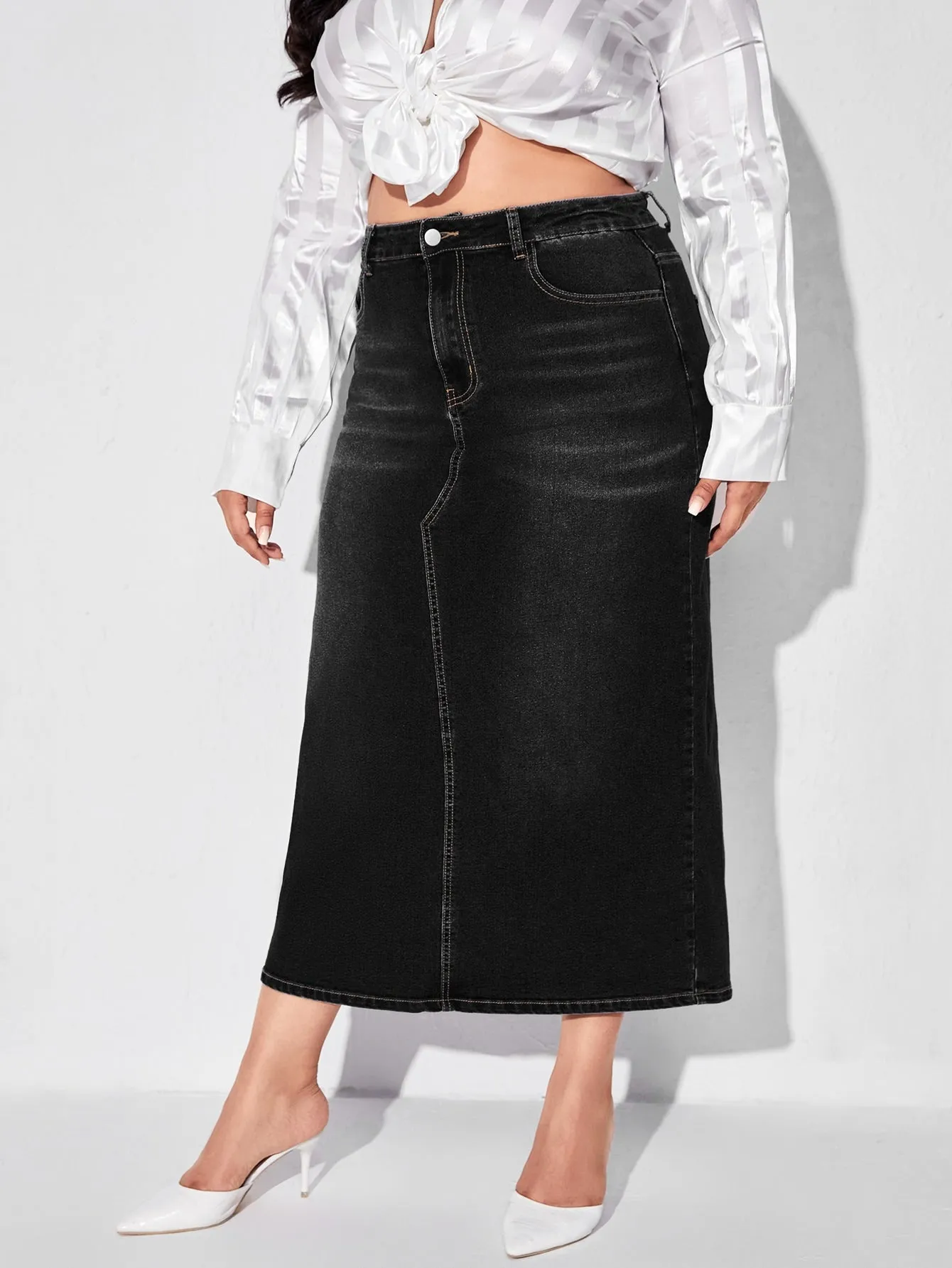 Plain Zipper High Waist Long Plus Size Denim Skirt