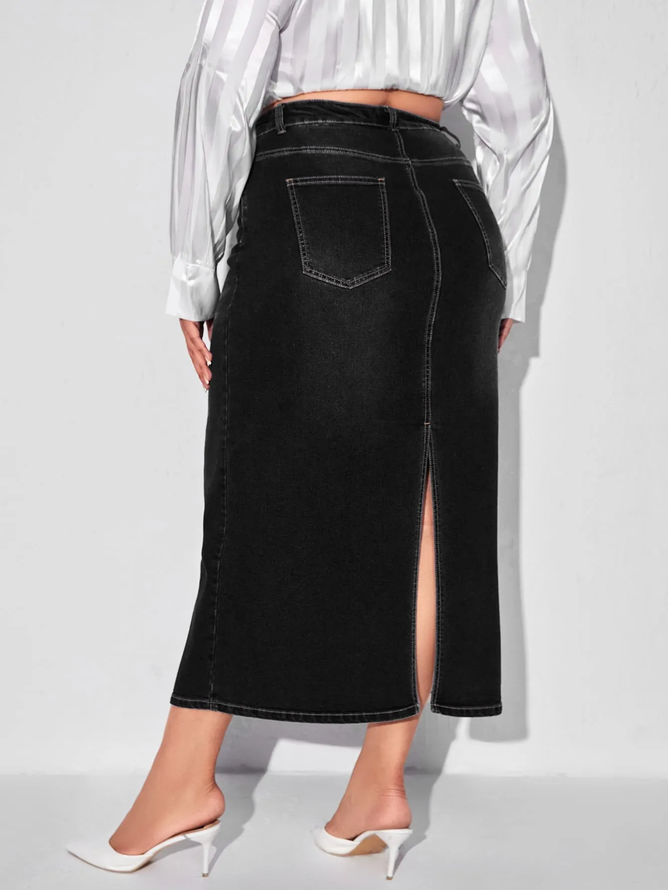 Plain Zipper High Waist Long Plus Size Denim Skirt