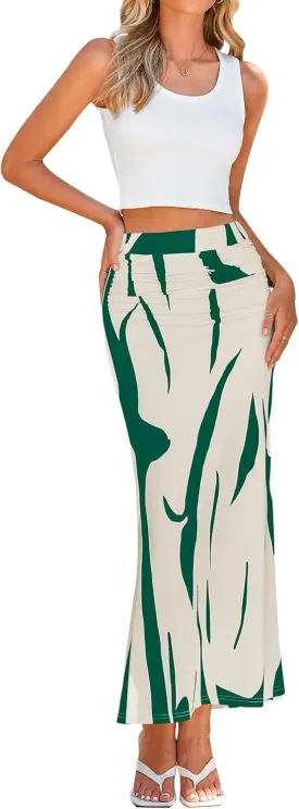 PRETTYGARDEN Women's 2025 Stretch Graphic Print Fishtail Long Skirts for Women Spring Trendy Ruched Waist Maxi Skirt