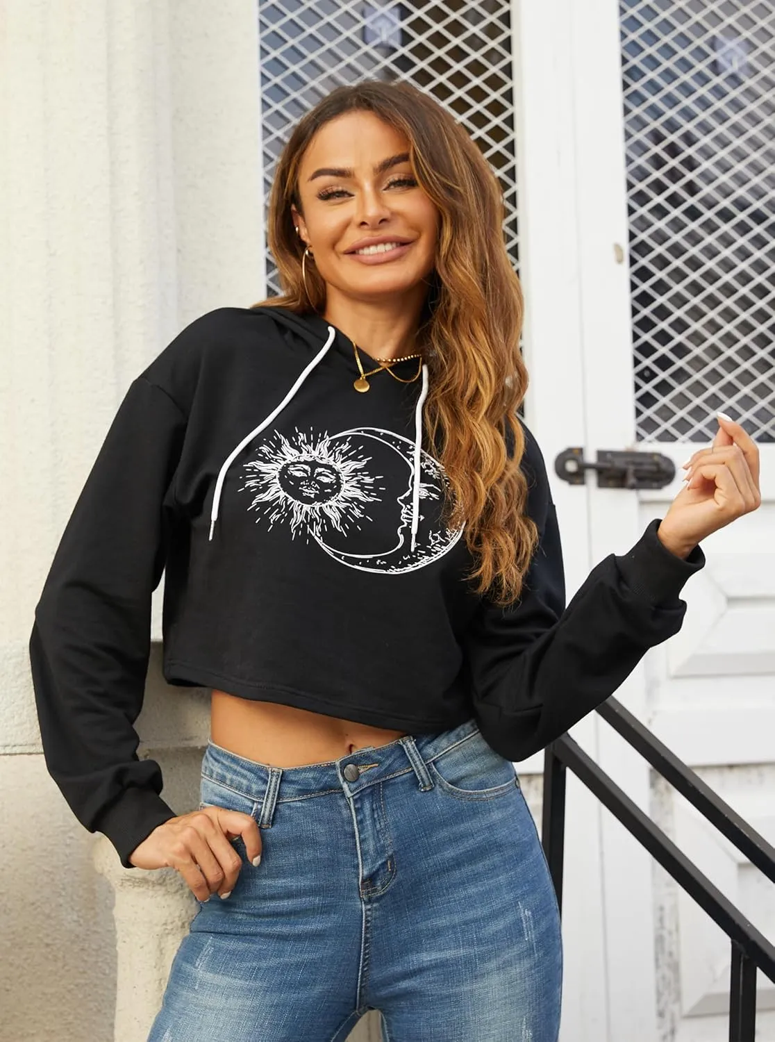 Remidoo Women's Casual Sun and Moon Print Hoodie Long Sleeve Crop Top Sweatshirt
