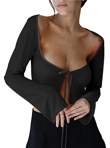 Remidoo Women's Sexy Sheer Mesh Tie Front Crop Top Long Sleeve See Through Cardigan Cover Up Shirt Hot Pink Large