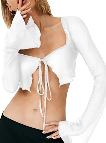 Remidoo Women's Sexy Sheer Mesh Tie Front Crop Top Long Sleeve See Through Cardigan Cover Up Shirt Hot Pink Large
