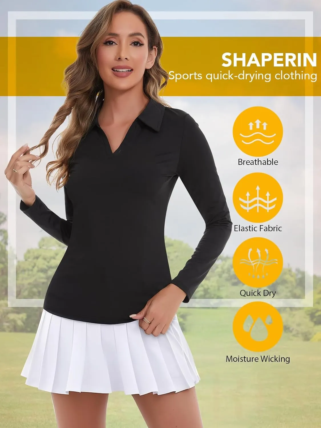 SHAPERIN Women's Golf Polo Shirt Long Sleeve Collared V Neck Sun Protection Quick Dry Athletic Workout Tops Tennis Shirt