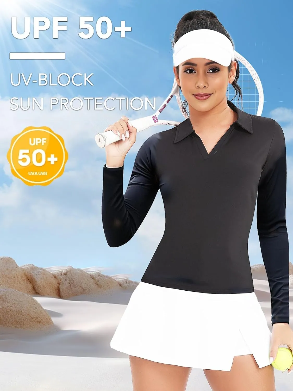 SHAPERIN Women's Golf Polo Shirt Long Sleeve Collared V Neck Sun Protection Quick Dry Athletic Workout Tops Tennis Shirt