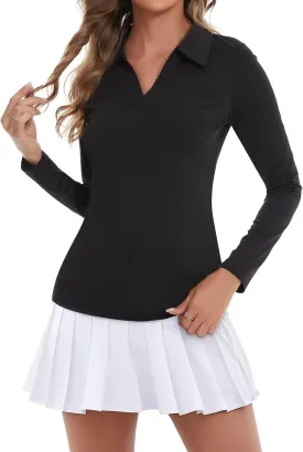 SHAPERIN Women's Golf Polo Shirt Long Sleeve Collared V Neck Sun Protection Quick Dry Athletic Workout Tops Tennis Shirt