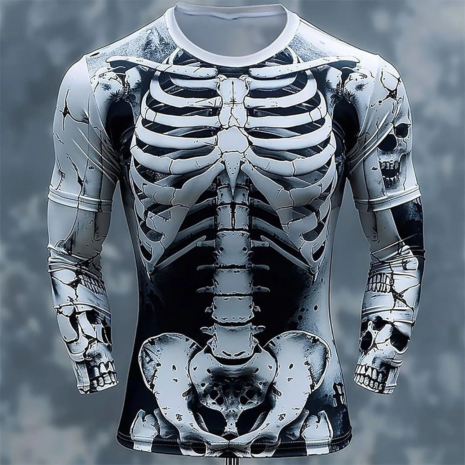 Skeleton Shirt Men 3D Printed Long Sleeve Compression Shirt Funny Graphic Tees Costumes Funky T-Shirts Streetwear