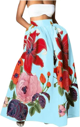 Skirts for Women Floral Print High Waist Maxi Skirt Casual Loose Flowy Boho Party Long Women's Skirts with Pocket