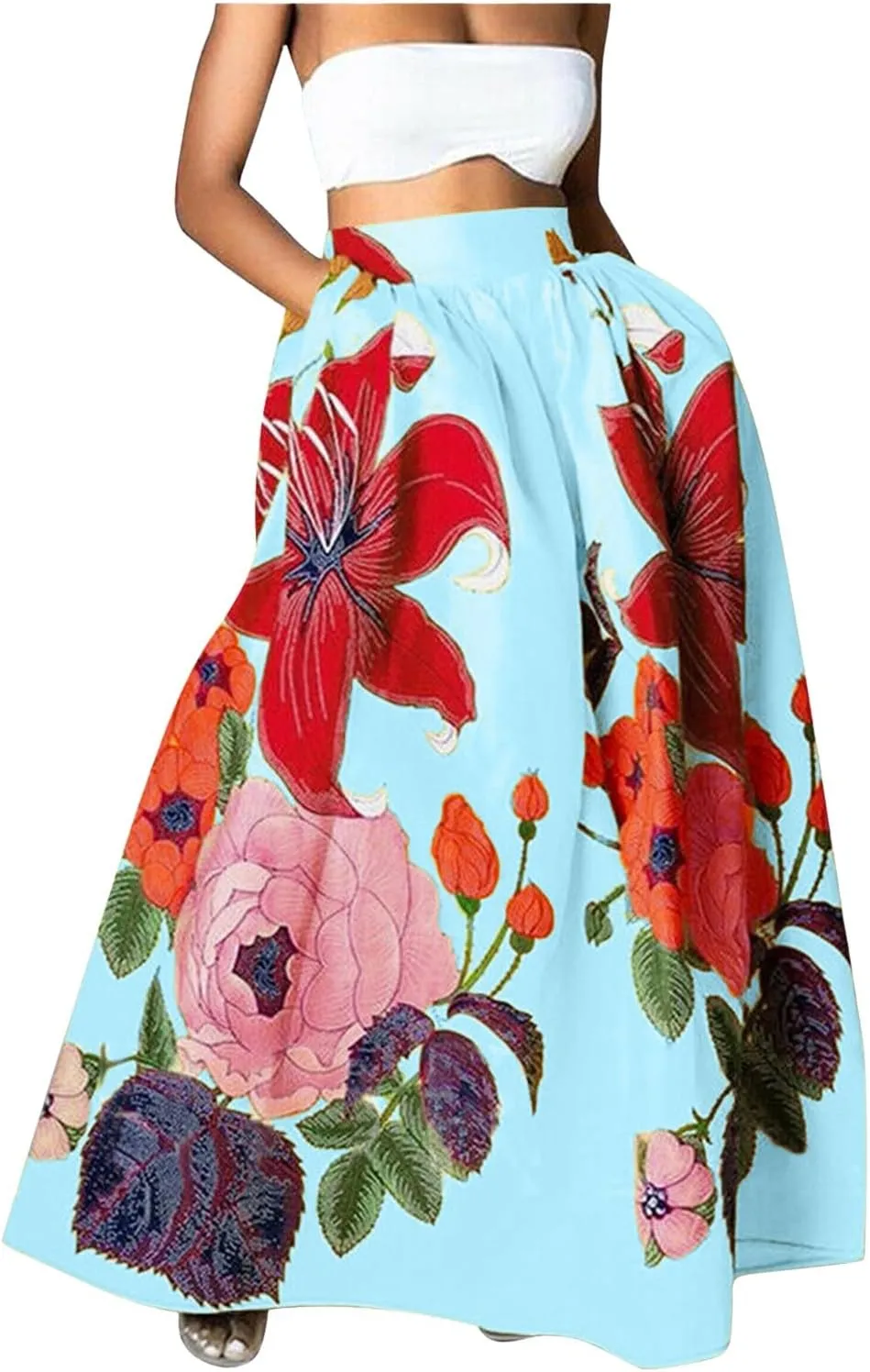 Skirts for Women Floral Print High Waist Maxi Skirt Casual Loose Flowy Boho Party Long Women's Skirts with Pocket