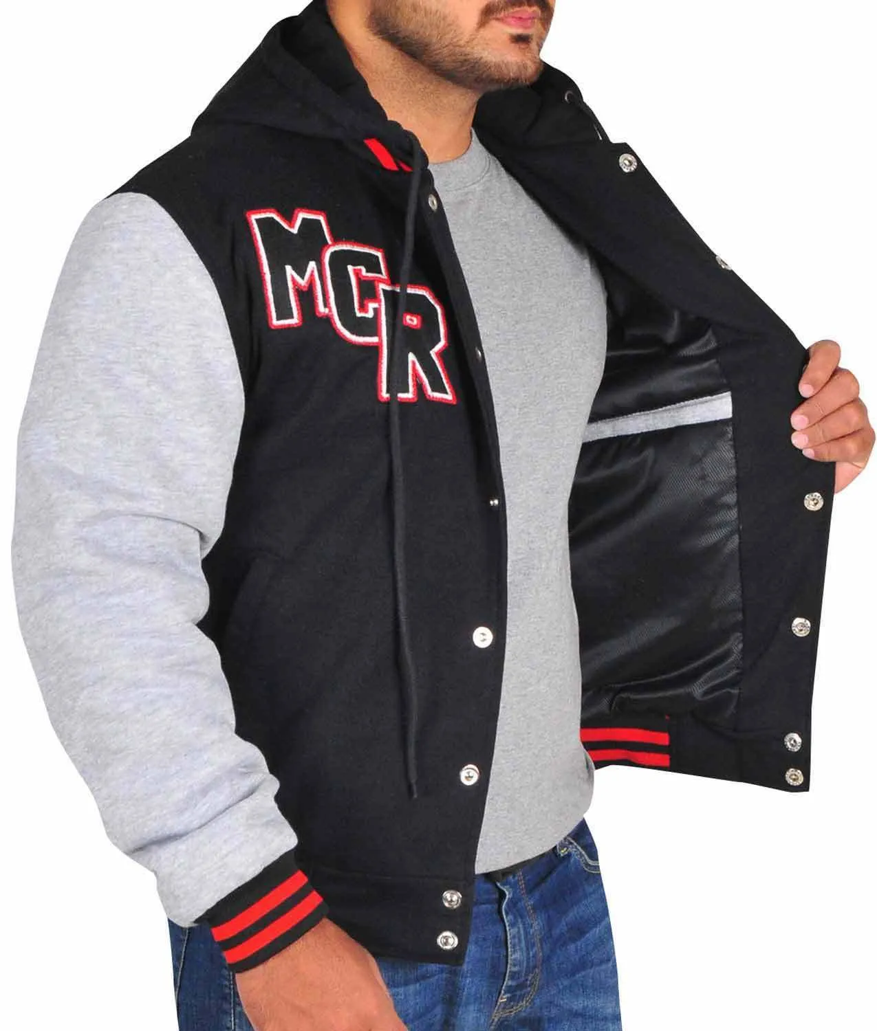 Spine Spark Black Grey MCR Fleece Hooded Varsity Jacket