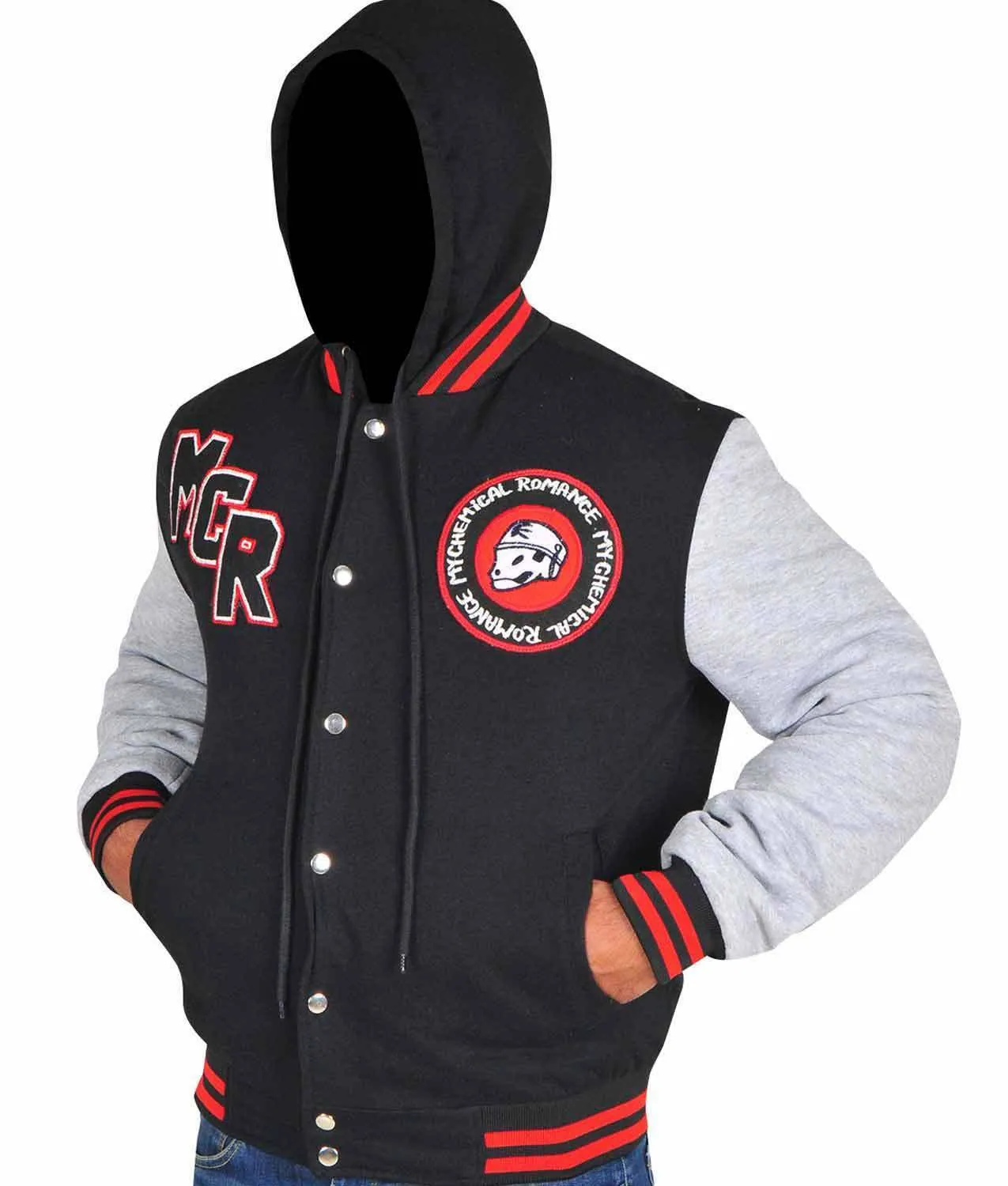 Spine Spark Black Grey MCR Fleece Hooded Varsity Jacket