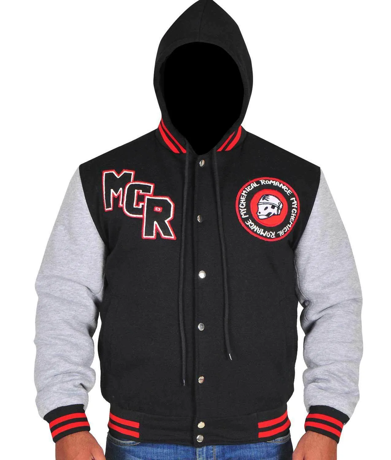 Spine Spark Black Grey MCR Fleece Hooded Varsity Jacket