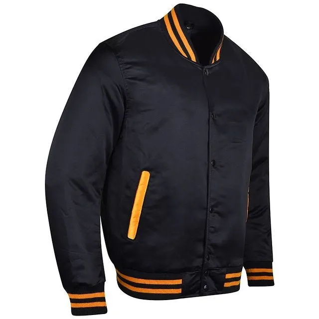 Spine Spark Black Satin Varsity Jacket With Gold Yellow Rib