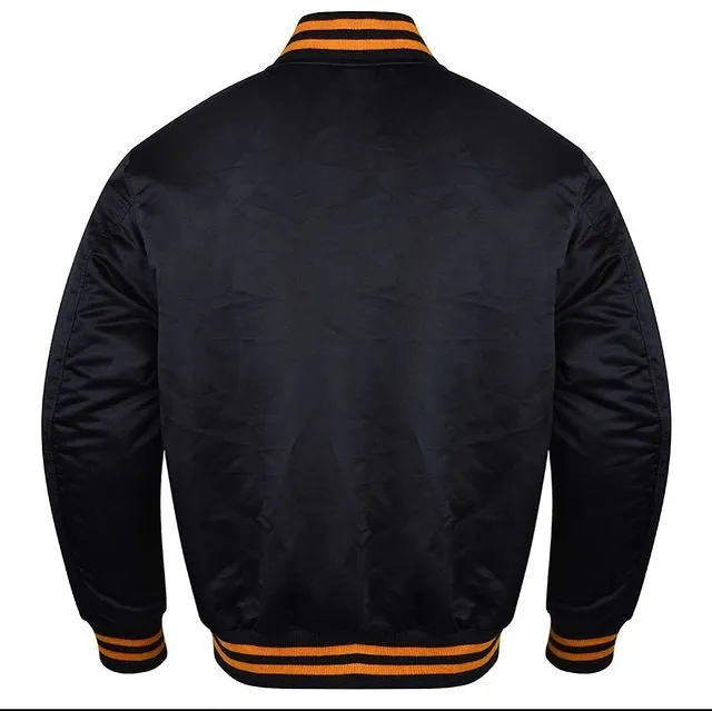Spine Spark Black Satin Varsity Jacket With Gold Yellow Rib