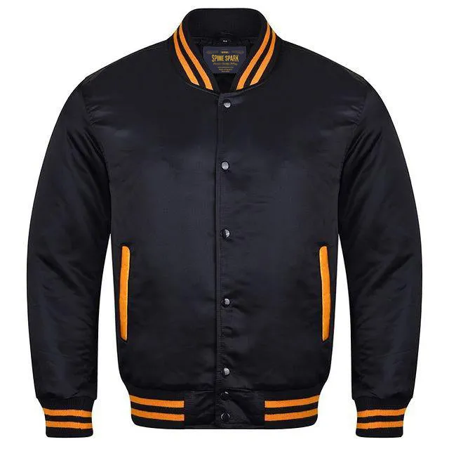 Spine Spark Black Satin Varsity Jacket With Gold Yellow Rib