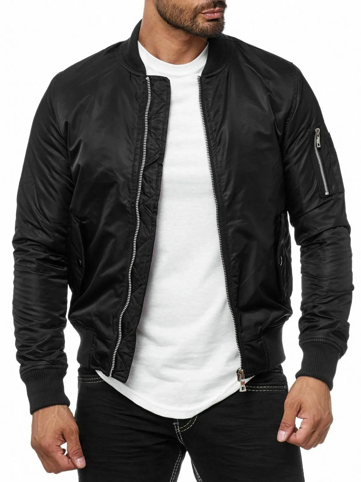 Spine Spark Men Bomber Black Satin MA-1 Flight Jacket