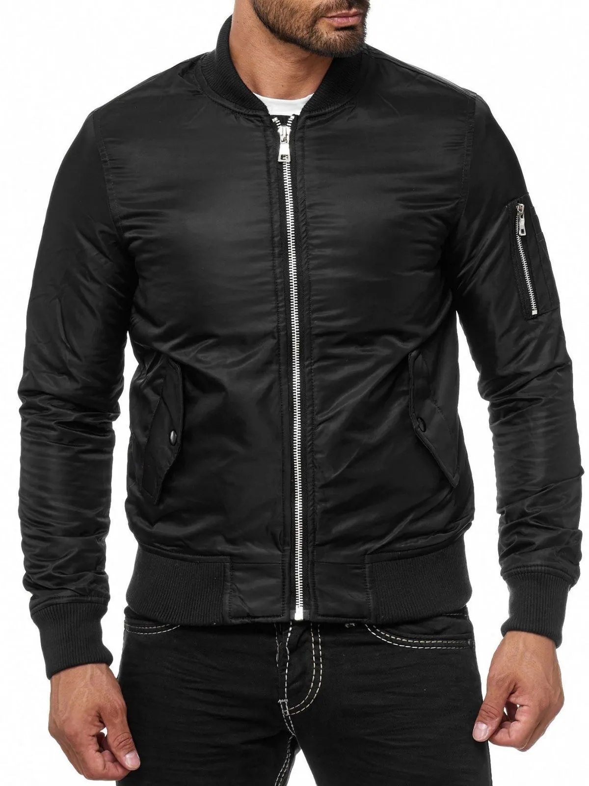 Spine Spark Men Bomber Black Satin MA-1 Flight Jacket