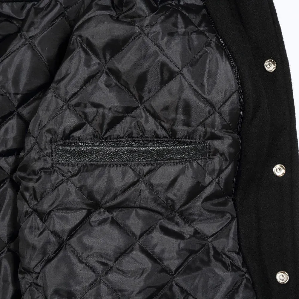 Spine Spark Navy Blue Wool Varsity Jacket Pure Leather Sleeves
