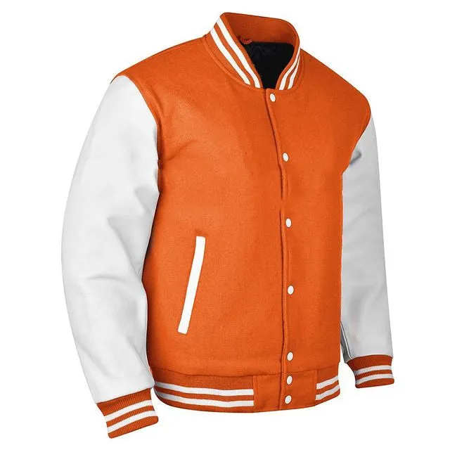 Spine Spark Orange Wool Varsity Jacket White Leather Sleeves