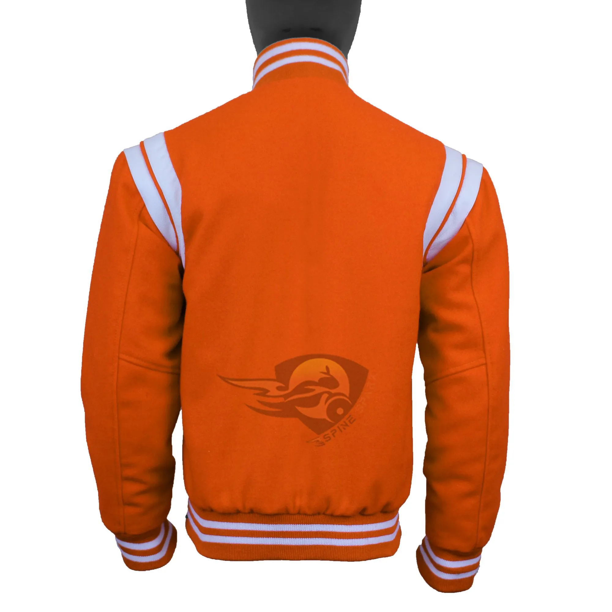 Spine Spark Orange Wool Varsity Jacket White Leather Stripes
