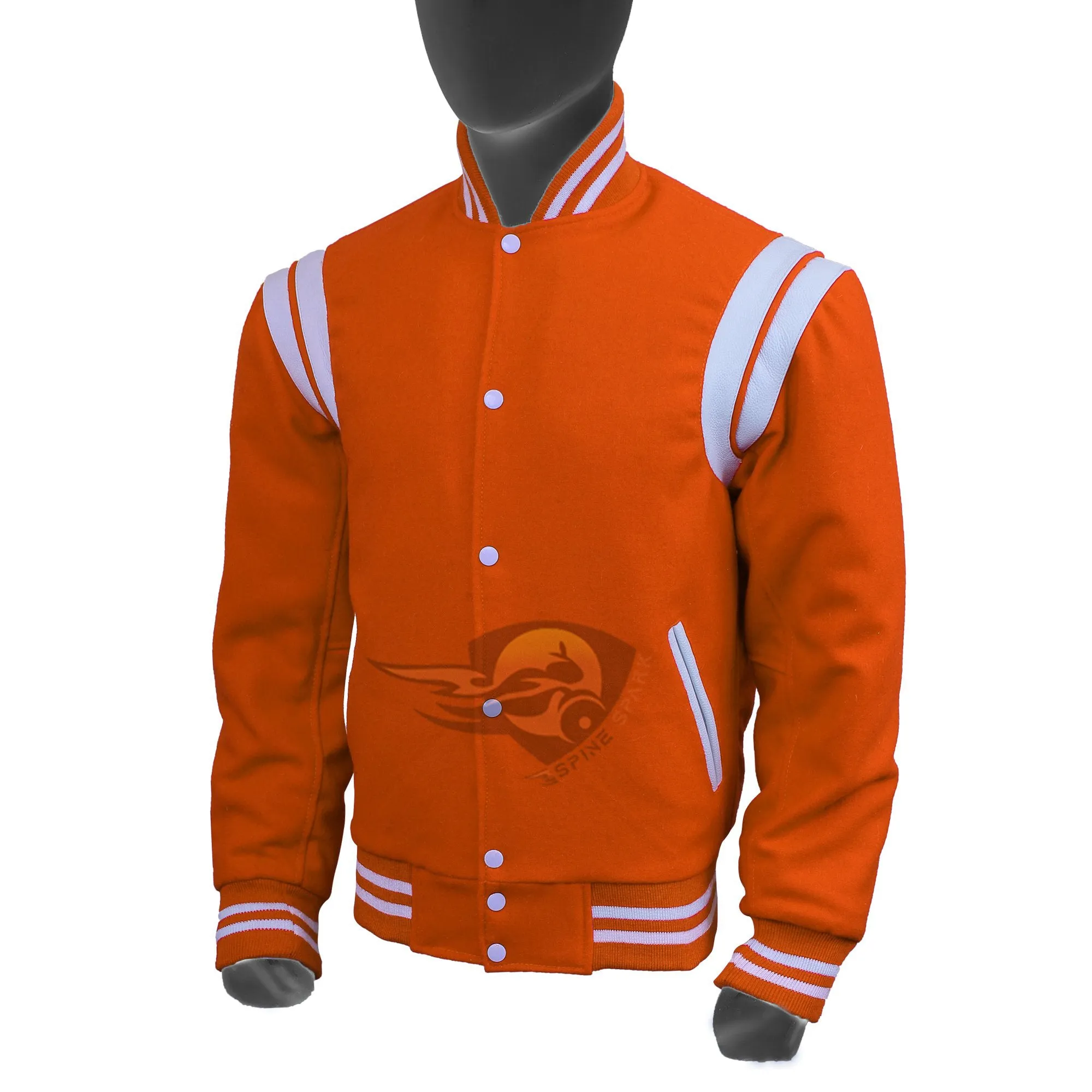Spine Spark Orange Wool Varsity Jacket White Leather Stripes