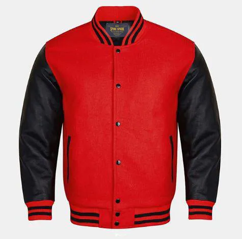 Spine Spark Red Wool Varsity Baseball Jacket Black Leather Sleeves