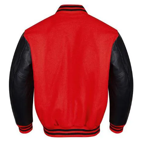 Spine Spark Red Wool Varsity Baseball Jacket Black Leather Sleeves