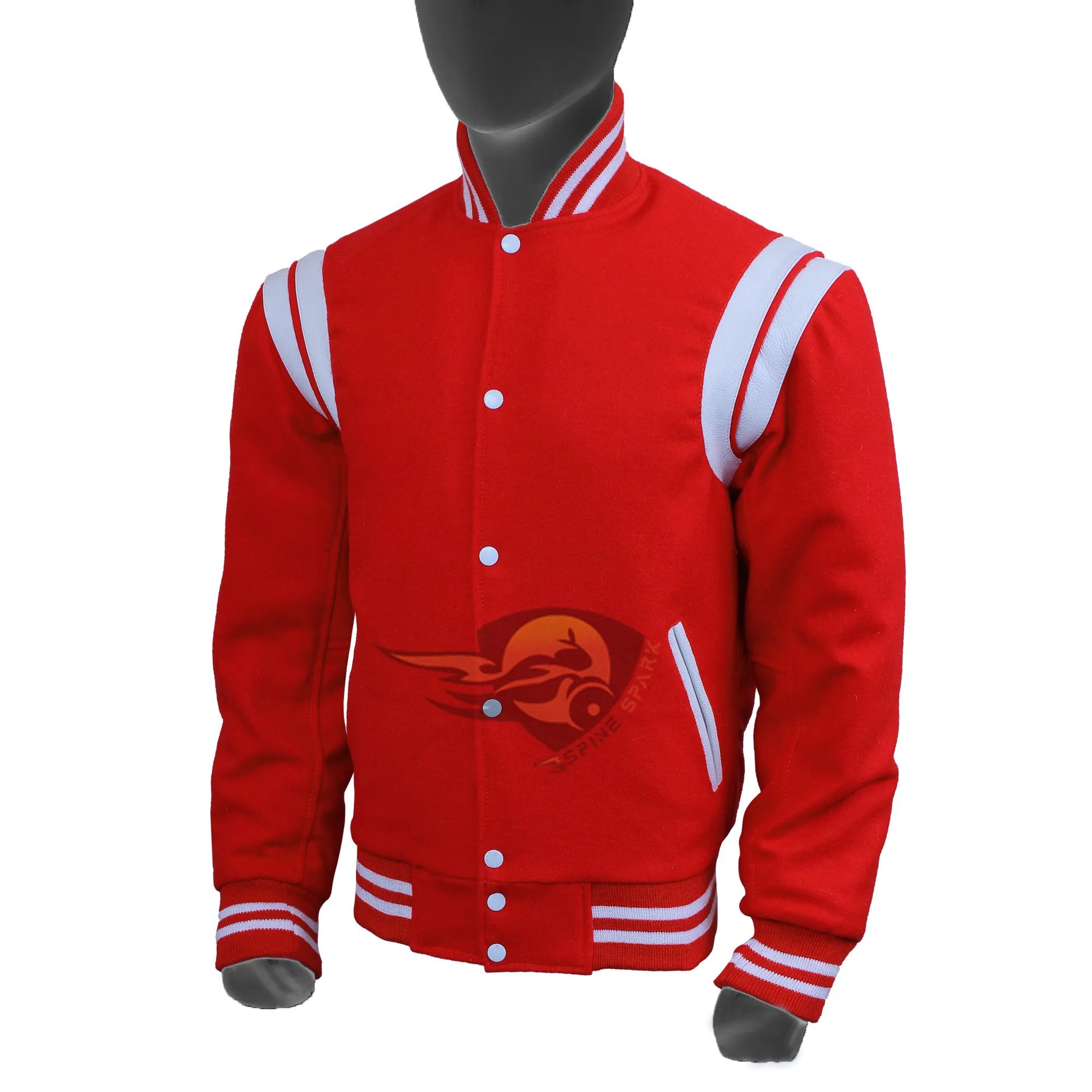 Spine Spark Red Wool Varsity Jacket White Leather Stripes