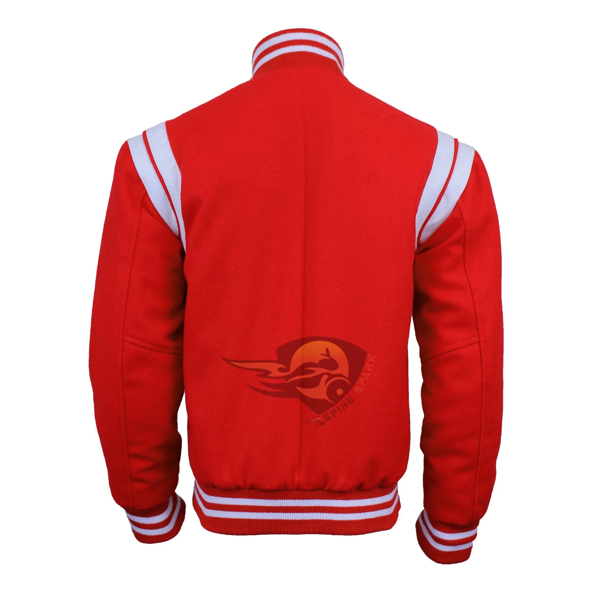 Spine Spark Red Wool Varsity Jacket White Leather Stripes