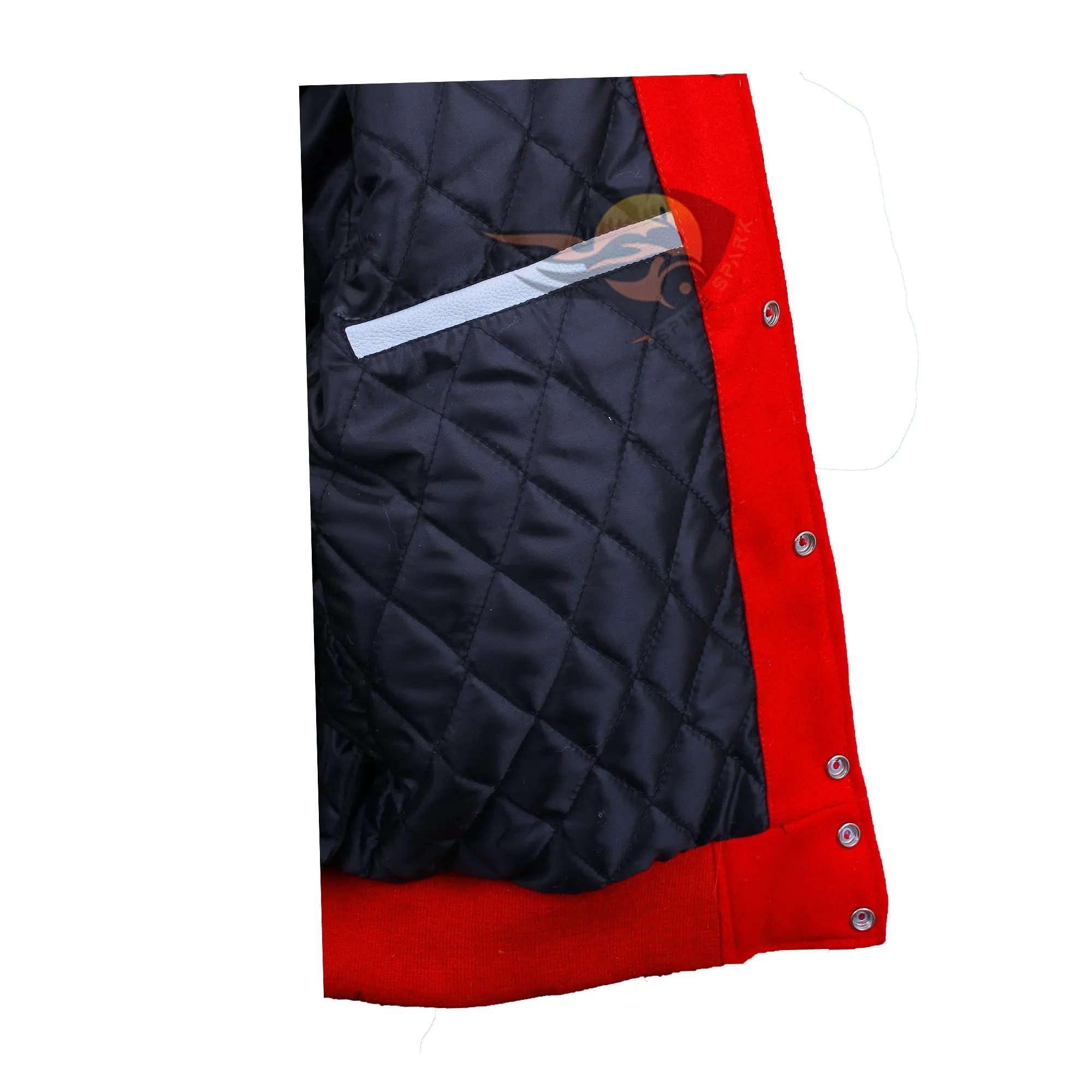 Spine Spark Red Wool Varsity Jacket White Leather Stripes