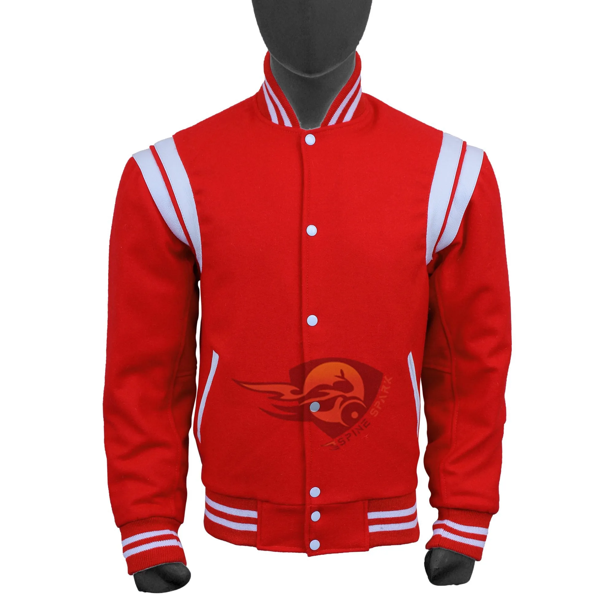 Spine Spark Red Wool Varsity Jacket White Leather Stripes