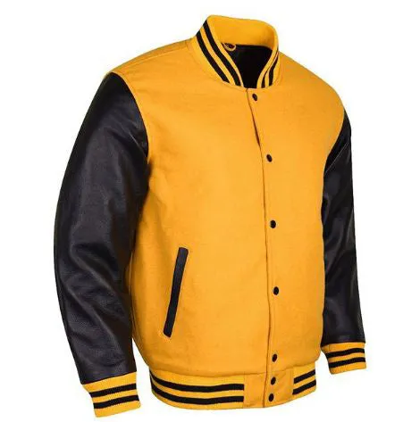 Spine Spark Yellow Wool Varsity Jacket Black Leather Sleeves